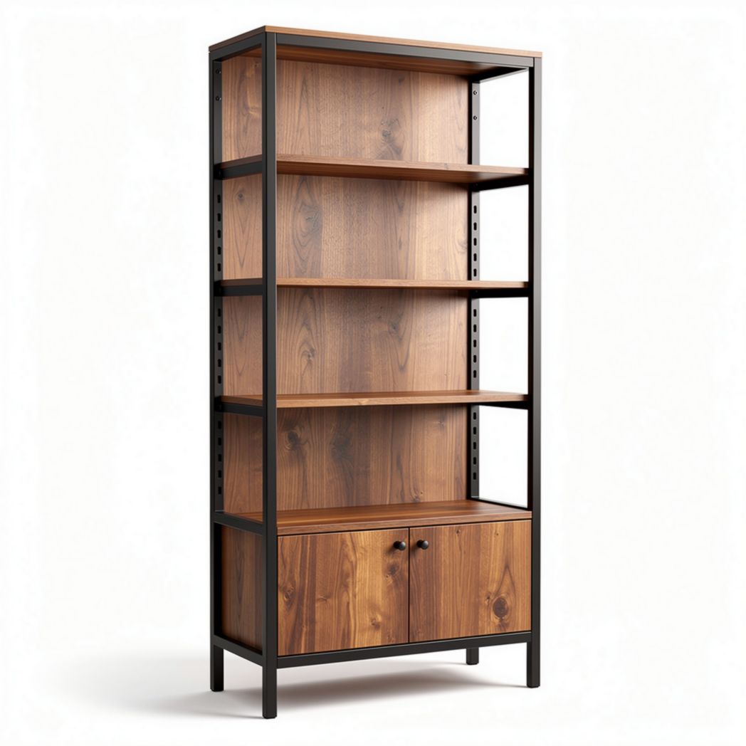 Wooden bookshelf with metal frame and two drawers 180 x 80 x 30cm