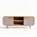 Wooden media console with two doors and open shelves in light beige 120 x 40 x 50cm