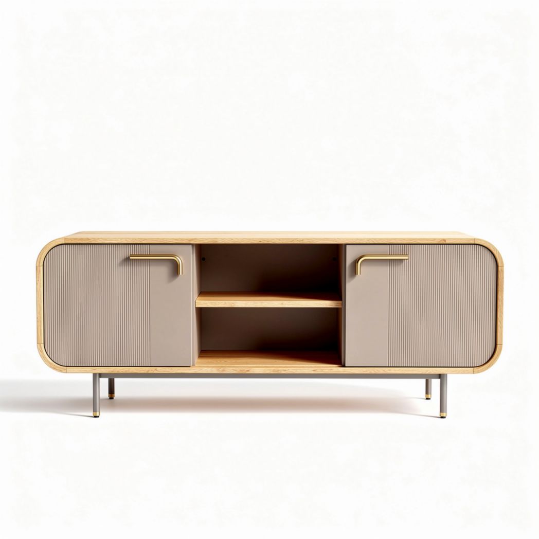 Wooden media console with two doors and open shelves in light beige 120 x 40 x 50cm