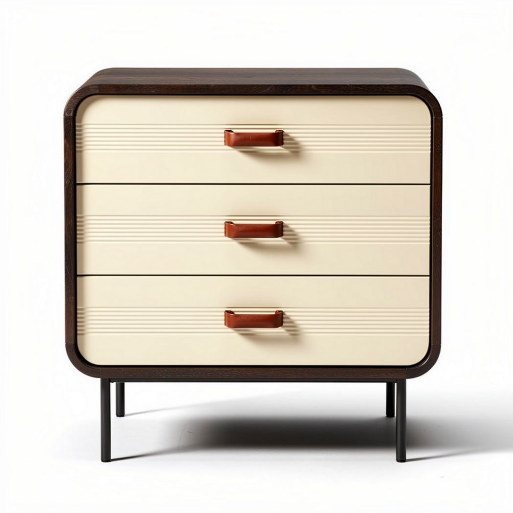 Three-drawer nightstand with cream and brown finish and metal legs 50 x 40 x 60cm