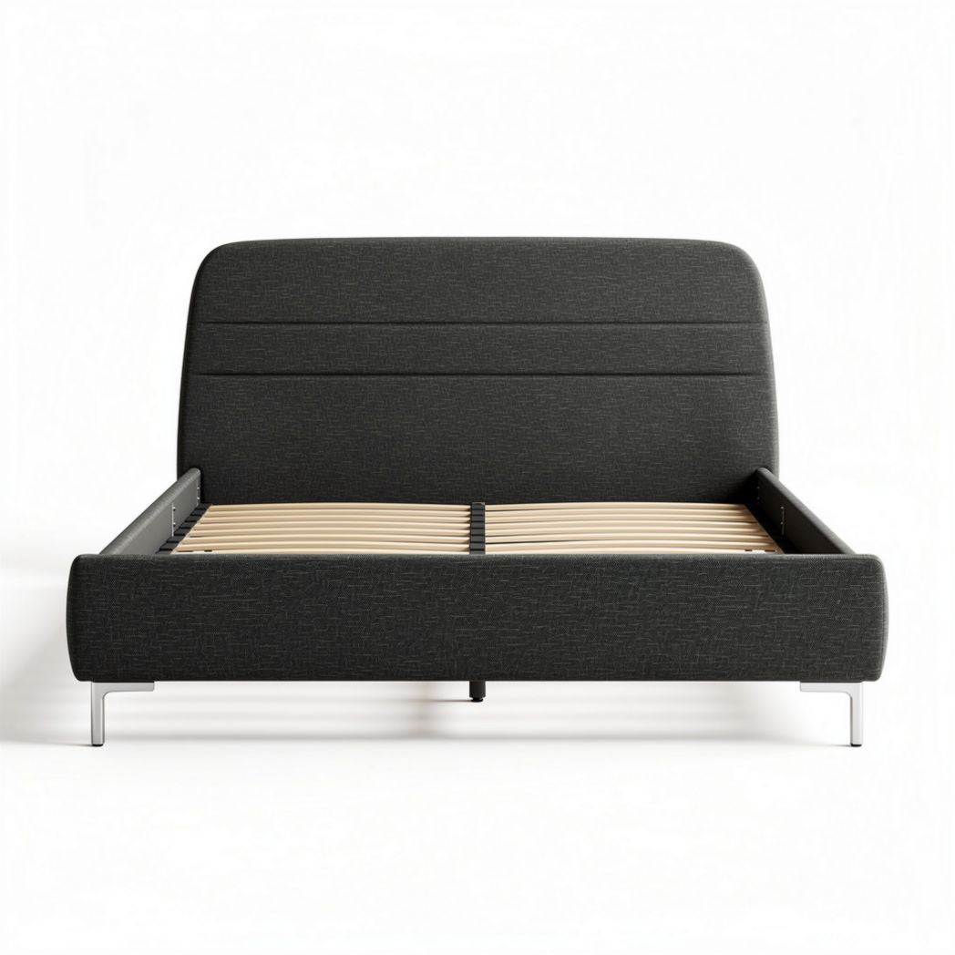 Modern upholstered platform bed frame with wood slat support in charcoal gray 200 x 160 x 100cm