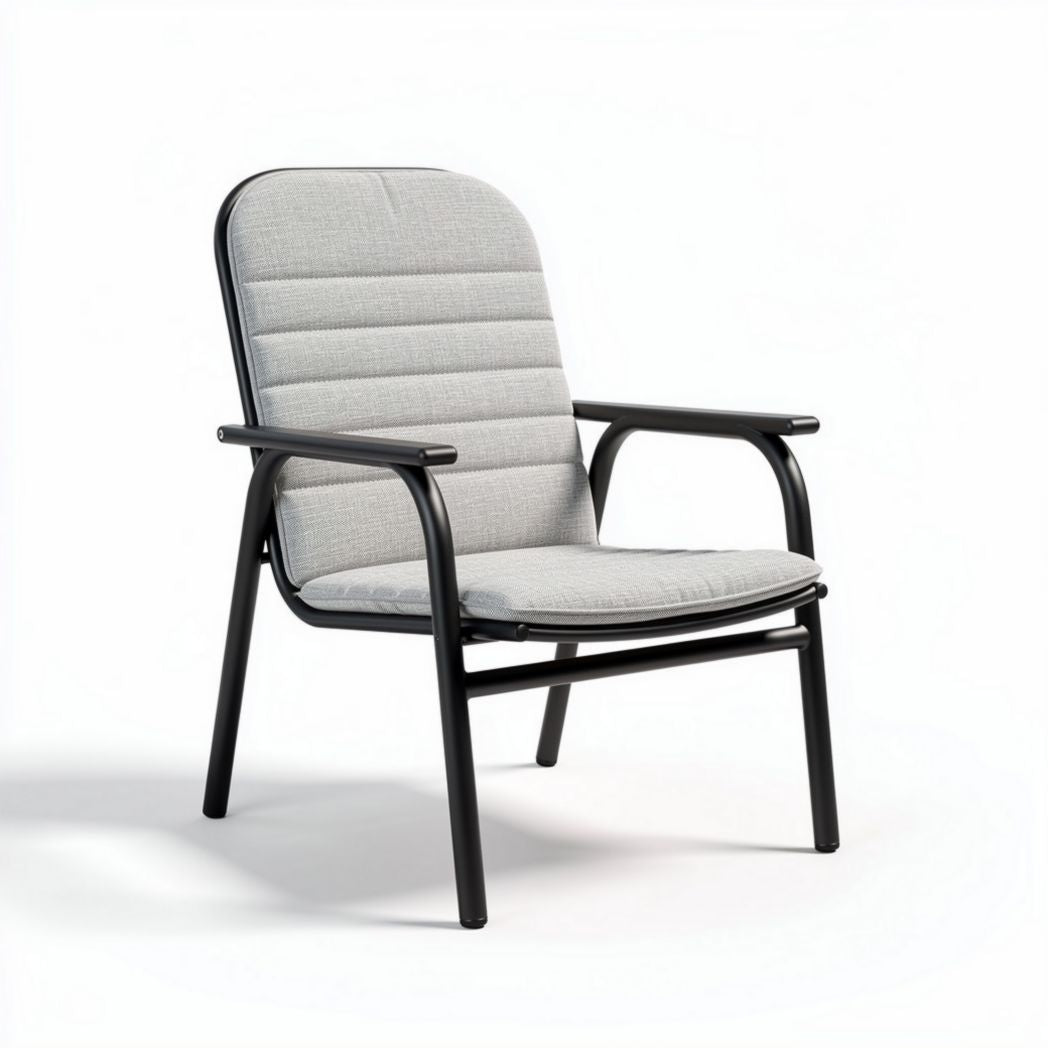 Grey upholstered lounge chair with metal frame for indoor or outdoor use