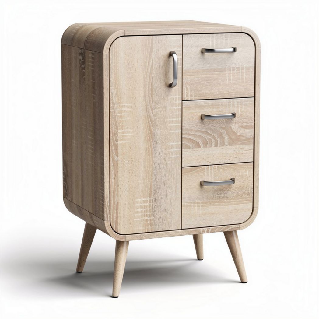 Wooden bedside table with three drawers and sleek metal handles 40 x 30 x 50cm
