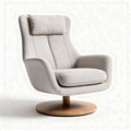 Modern swivel armchair with adjustable headrest in beige fabric and wood base