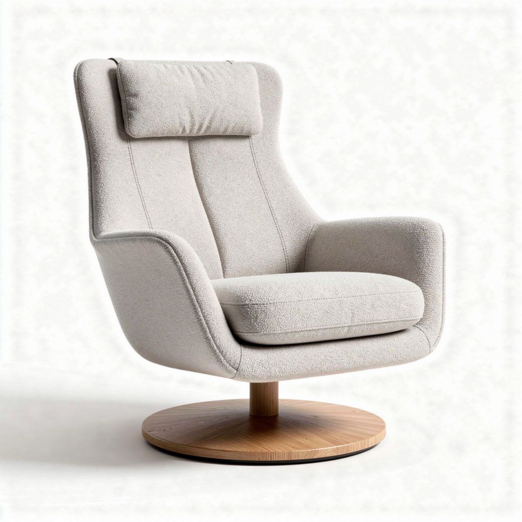 Modern swivel armchair with adjustable headrest in beige fabric and wood base