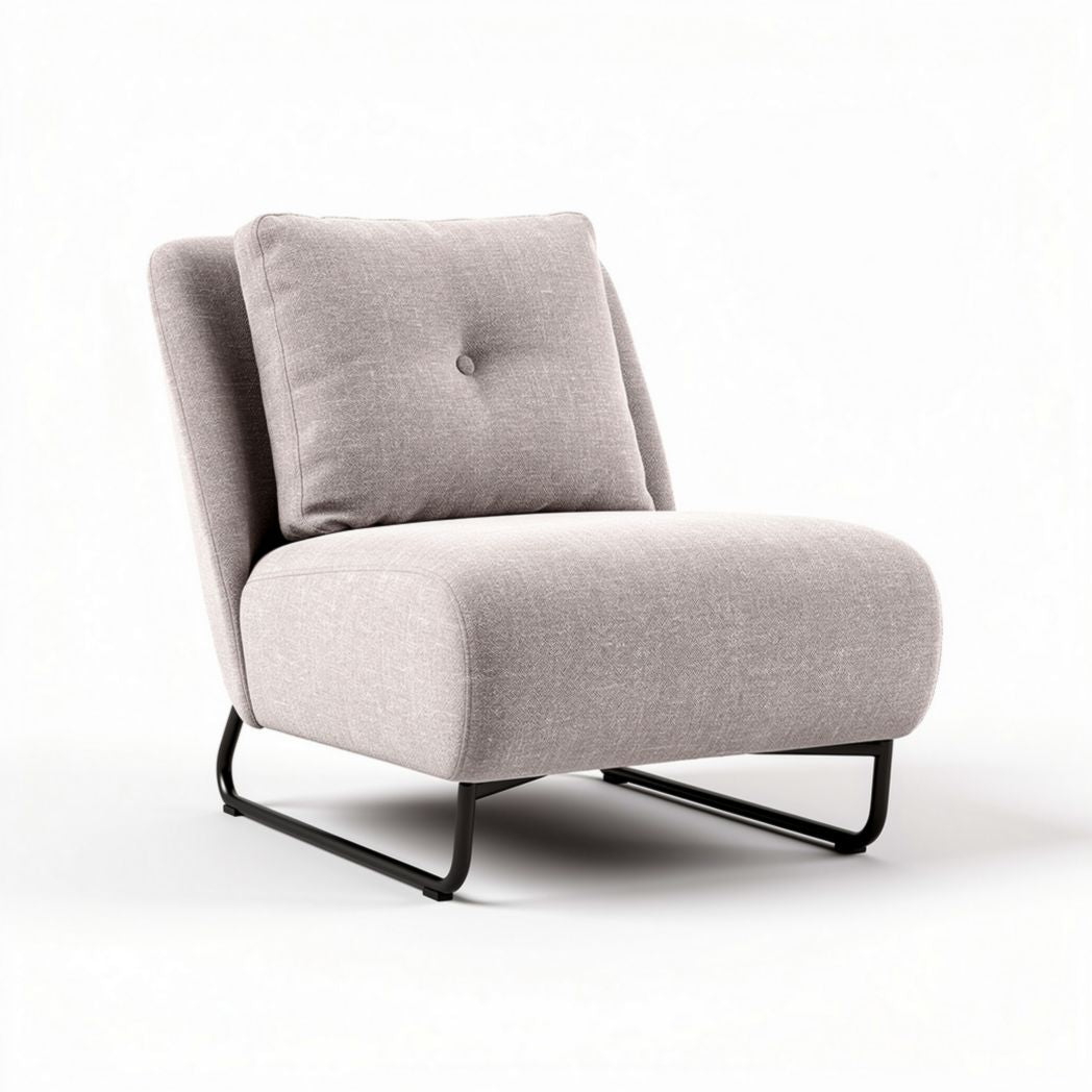 Linen fabric lounge chair with removable cushion and metal base in light gray
