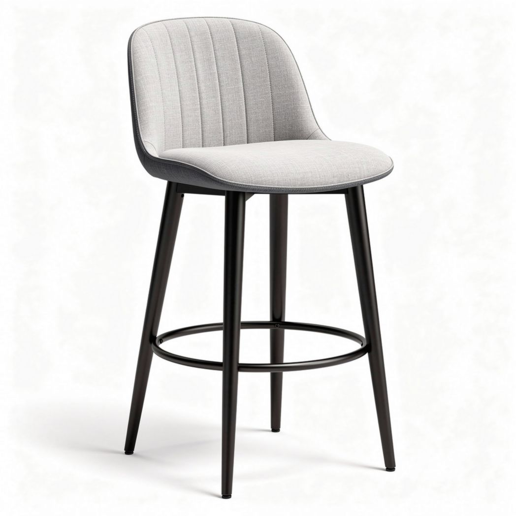 Bar stool in grey fabric with metal base suitable for kitchen or bar use
