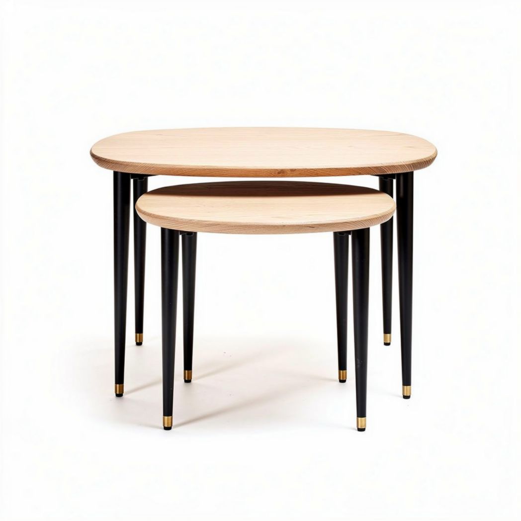 Nest of tables in natural wood finish with black metal legs 80 x 50 x 45cm