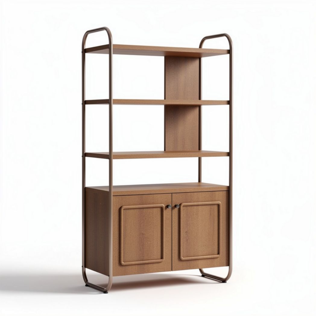 Wooden shelving unit with metal frame and storage cabinets 180 x 90 x 40cm